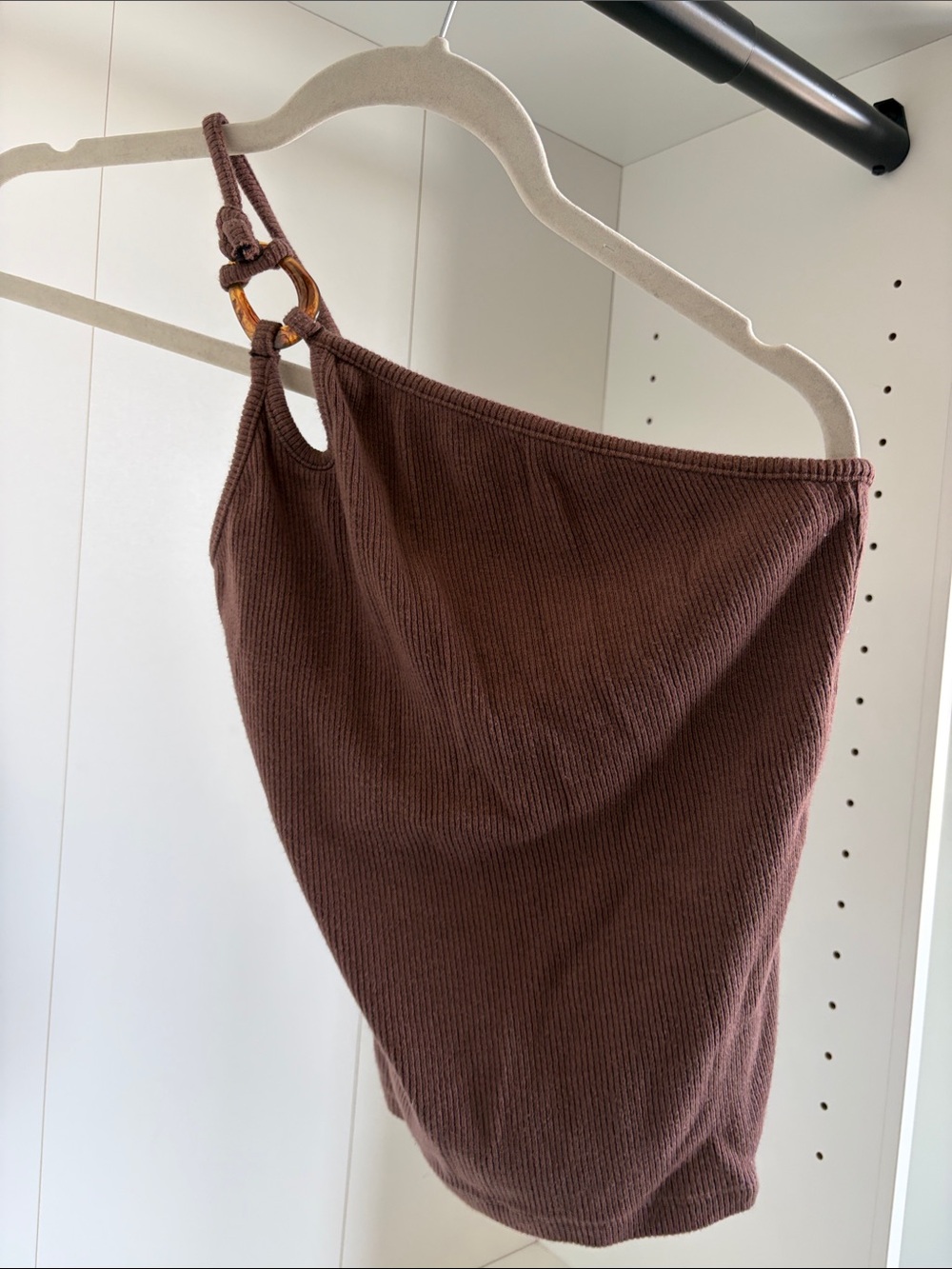 Kookai Brown One-Shoulder Ribbed Knit Top with Tortoiseshell Ring size 4